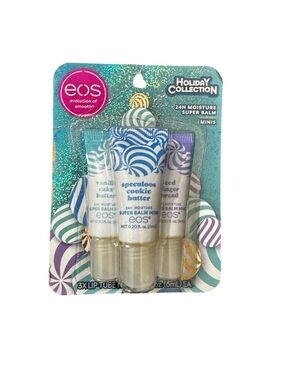NWT eos Holiday Collection 3-Pack Mini Super Balm Lip Tubes - Mint, Blue, Purple